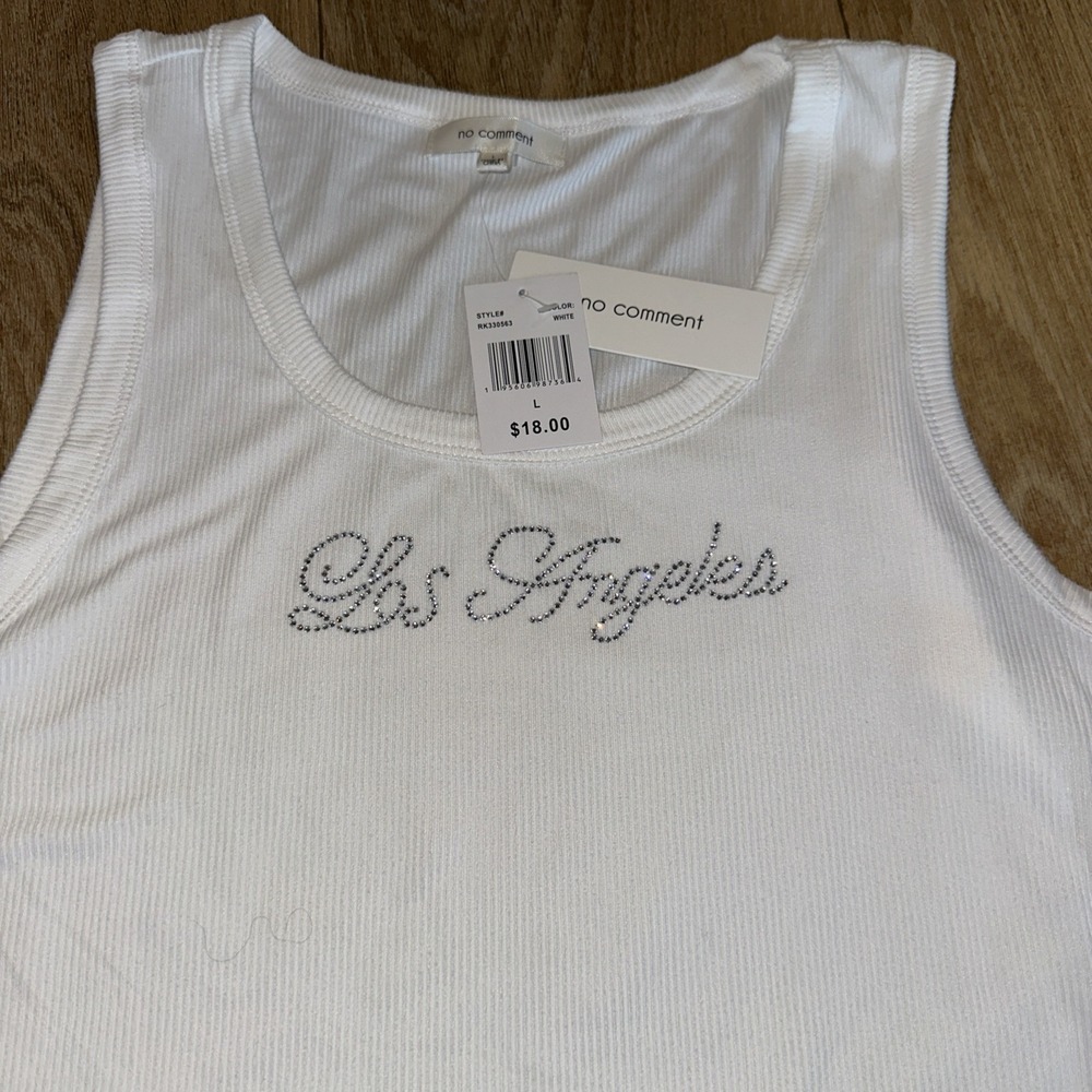 No Comment Junior's Los Angeles Bling Tank Crop Ribbed Size Large NEW Stretch